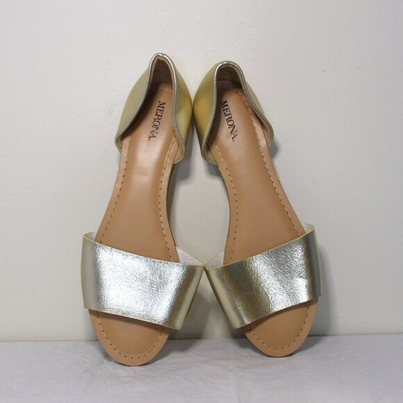 Merona Open Toe Flats Size 8.5 Gold Straps Tan Sole - Picture 1 of 5